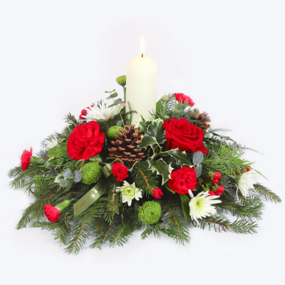 Yuletide Glow - A Christmas candle arrangement, perfect for the festive table, handmade using favourite Christmas flowers and foliage.